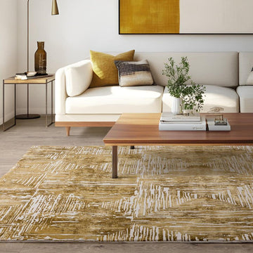 Kuza Portrait Modern Abstract Distressed Shimmer Hi-Lo Textured Soft Velvety Touch High-Density Durable Easy-Care Short Pile Gold Rug-Asiatic Carpets-Rug Love - The Most Loved Rug Store